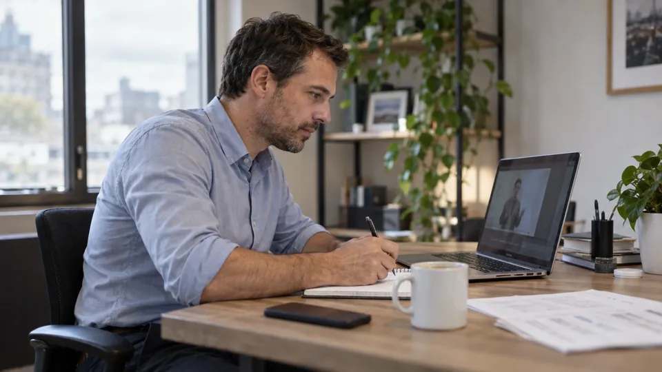 A man in a shirt follows an online course on his laptop and takes notes at his desk.