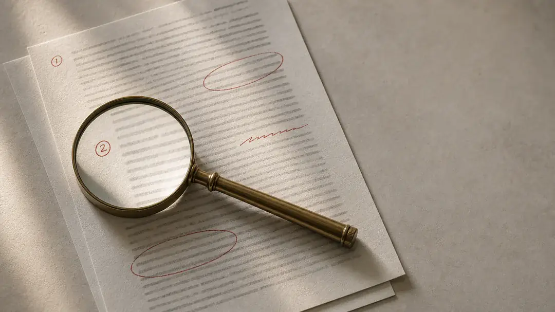 A magnifying glass resting on a printed report, passages circled in red and numbered in the margin