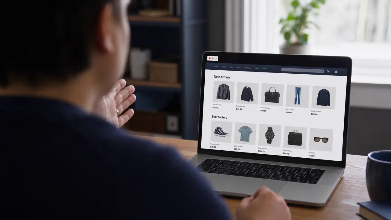 A person at a laptop browsing an online clothing store, hand raised mid-thought, while their screen is being recorded