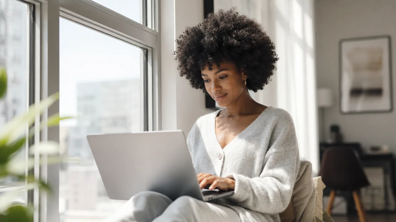A woman working on a laptop by a window