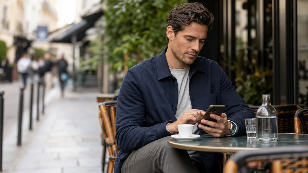 Un homme consultant un site sur son téléphone à la terrasse d’un café