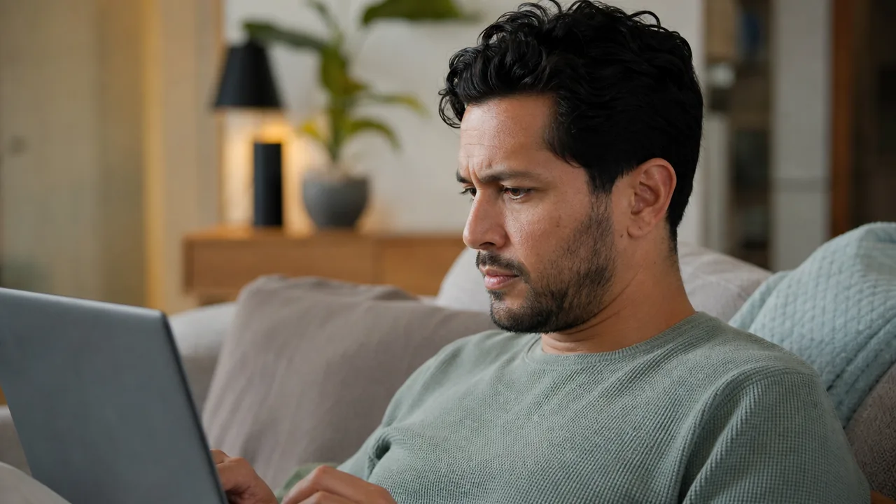 A man frowning at a laptop screen on his sofa